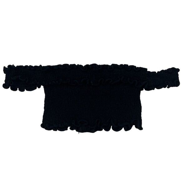 Vintage Y2K Black Grunge Baddie Smocked Off The Shoulder Lace Up Crop Top / M - Picture 5 of 8